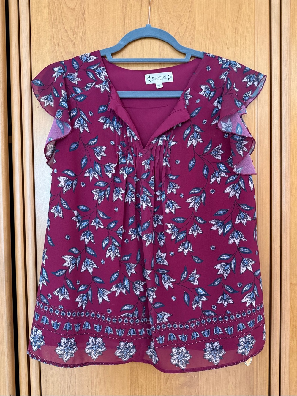 Nanette Lepore Floral Ruffle Sleeve Blouse Berry Size XS